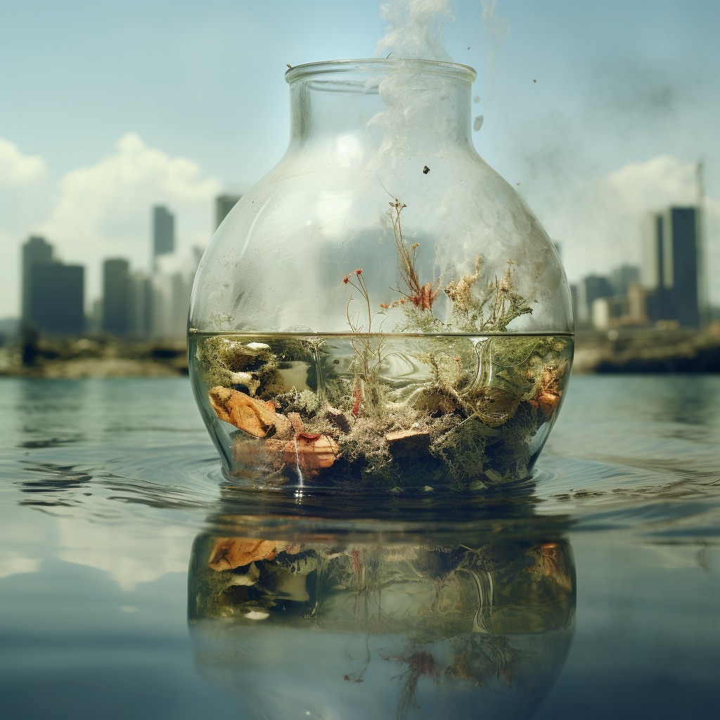 Scientists test water pollution: samples for chemical pollutants in a lab.