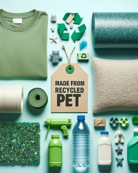 Image of Polyethylene Terephthalate or PET plastic bottles and products ready for recycling
