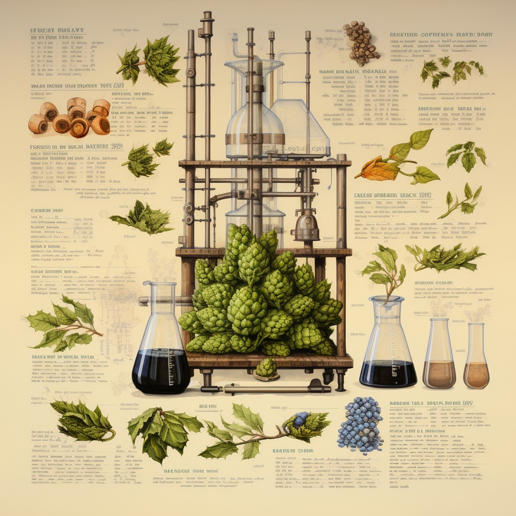 An illustration of beer chemistry, production, and composition.