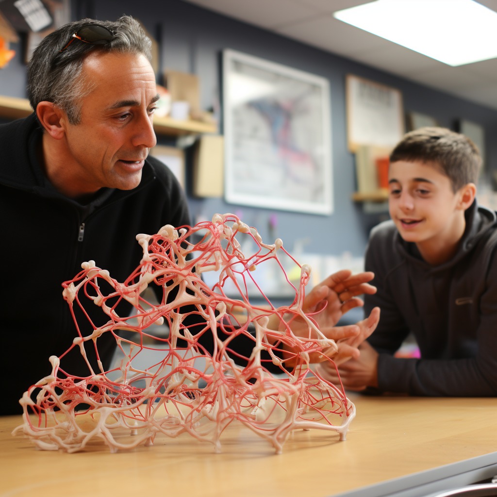 Tutor explaining enzyme structure to a student using a 3D model.