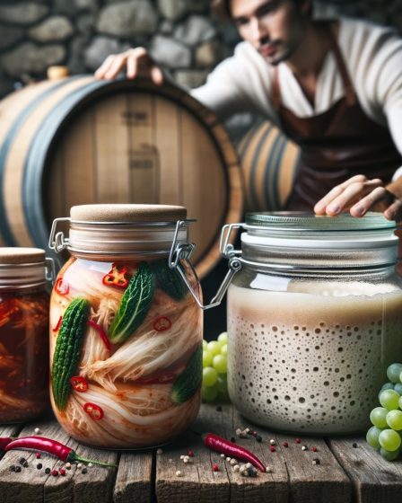 A display of fermented foods and beverages that answer the question, "What is fermentation?"