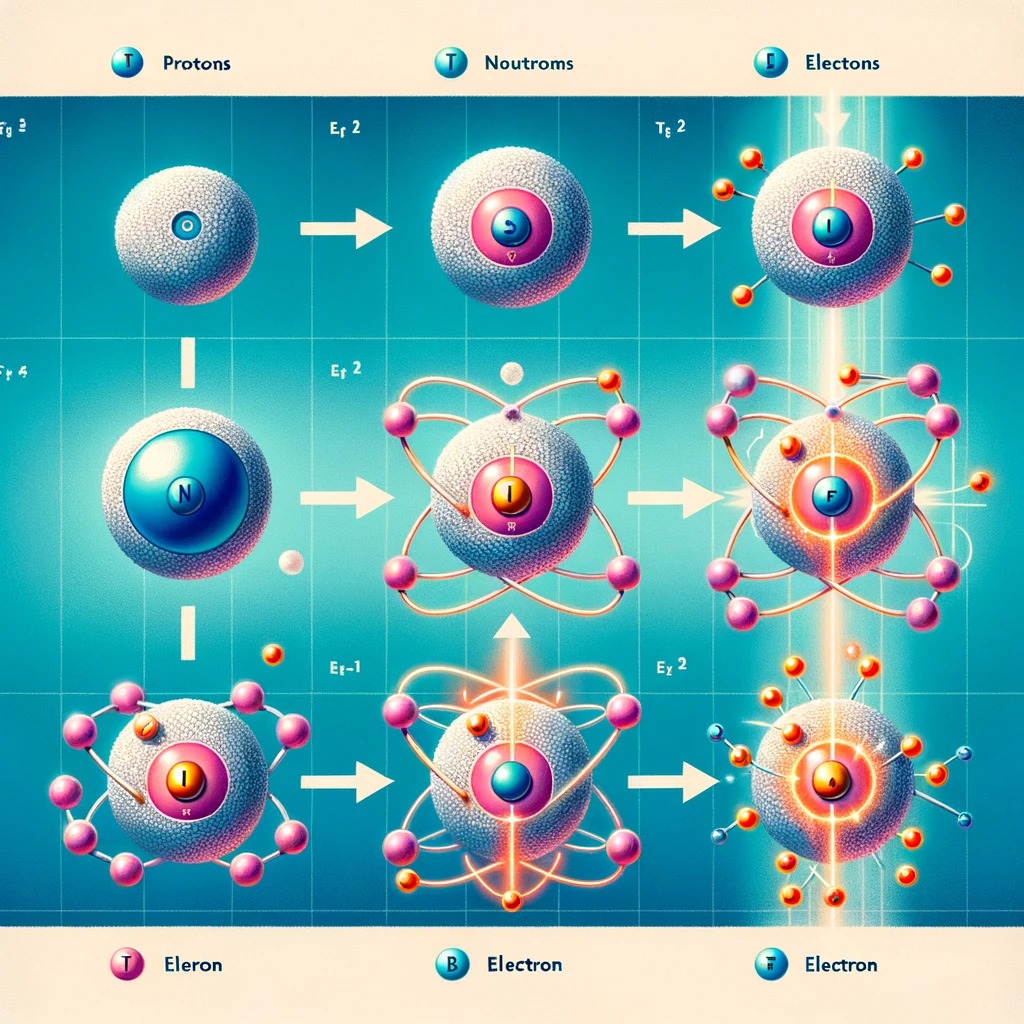 Ion formation process illustrated for educational use. From atom to ion with ionization.