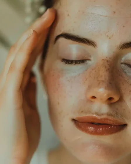 Face yoga exercise for lifting cheeks and improving facial symmetry during structured routine