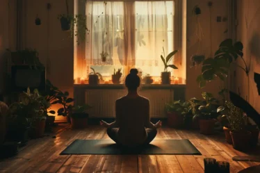 Hatha yoga pose held in silence with eyes closed and breath awareness during traditional practice