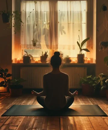 Hatha yoga pose held in silence with eyes closed and breath awareness during traditional practice