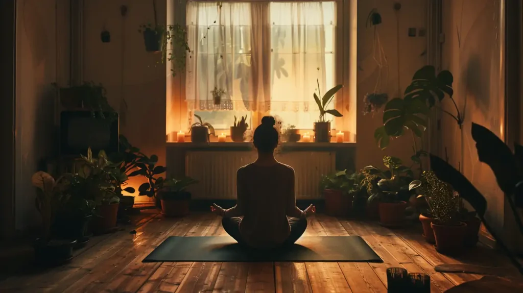 Hatha yoga pose held in silence with eyes closed and breath awareness during traditional practice