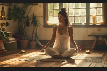 Kundalini yoga class participants sit in easy pose after completing meditation and mantra practice