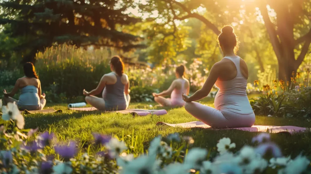 Prenatal yoga class with pregnant students in modified seated twist pose